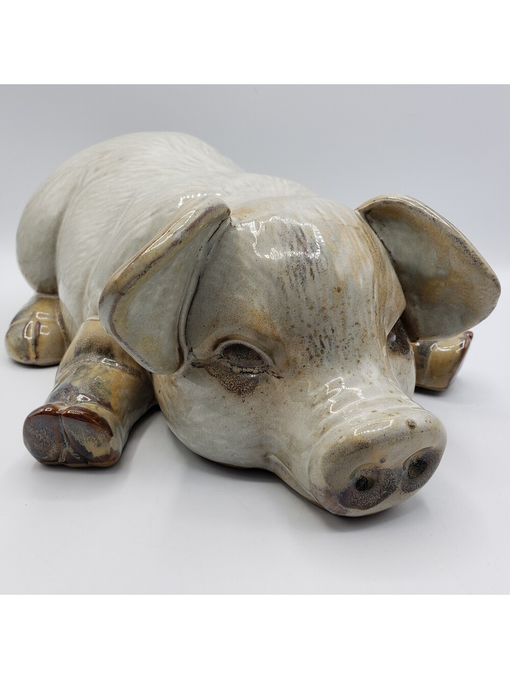 Pottery Pig Figure On Her Belly White Gray Brown 11.5" Van Winkle's Hog Farm